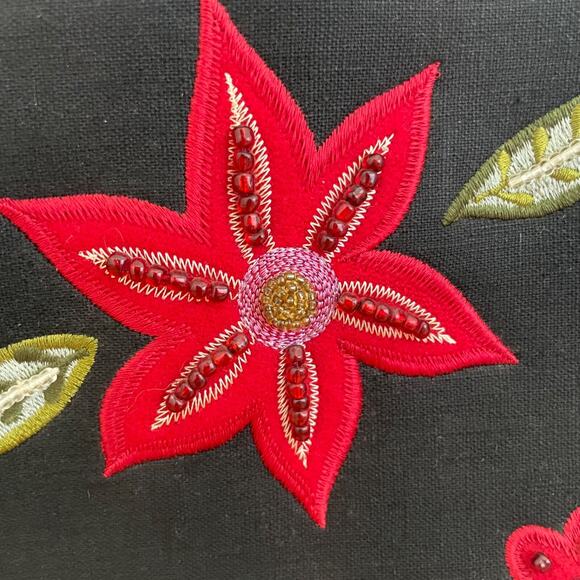 Vintage Liz Claiborne Floral Tote Bag Navy Red Embroidered Linen Cotton Boho Y2K - Picture 5 of 14